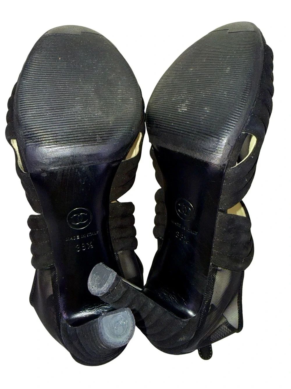 CHANEL BLACK SUEDE AND MESH SCULPTURAL HEEL PUMPS